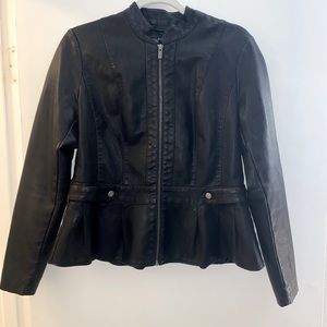 Faux leather fitted jacket w ruffle.